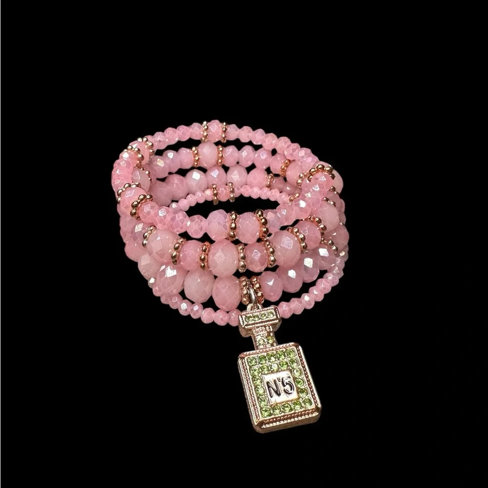 Pink Beaded Memory Bracelet with Perfume Bottle Charm - Picture 9 of 10